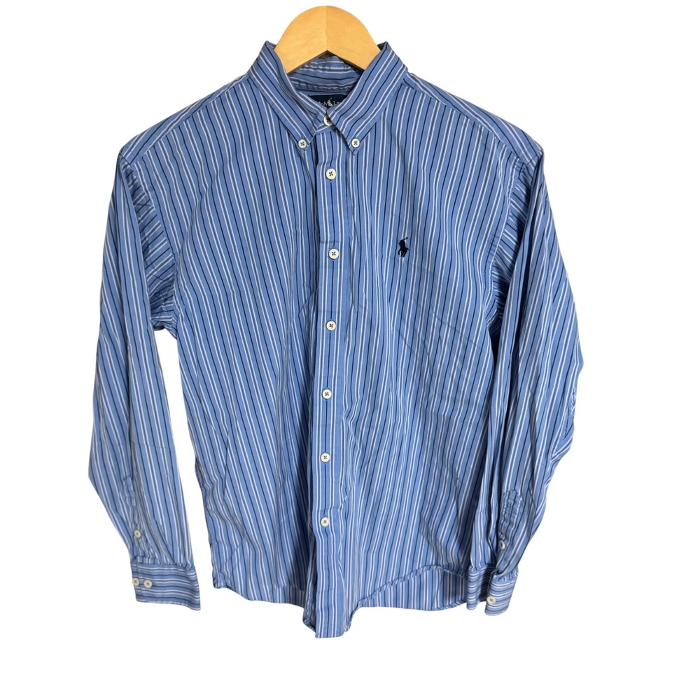 Ralph Lauren Striped Button Down Shirt Boys Size 18 Blue White Pony Logo - Picture 2 of 7